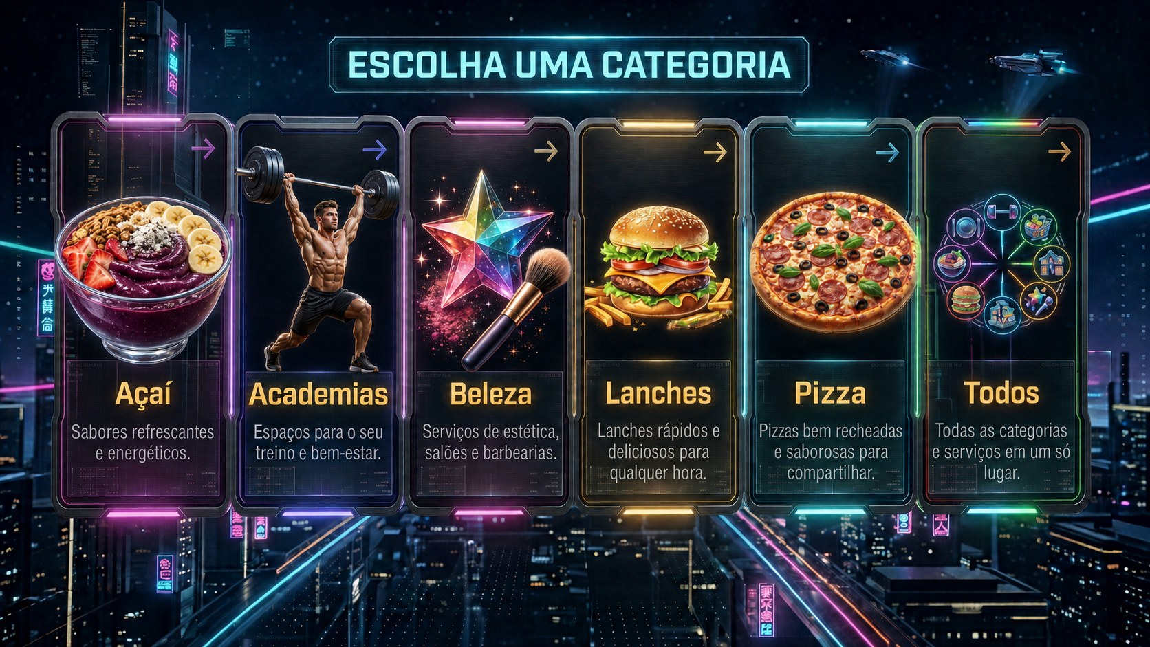 Menu tecnológico com Açaí, Academias, Beleza, Lanches, Restaurantes e Todos